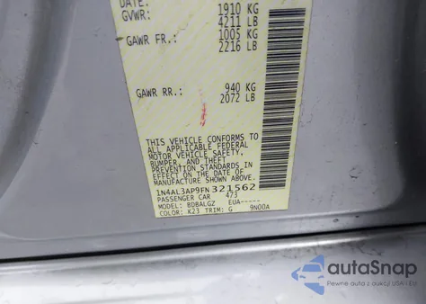 2015 Nissan Altima 2.5/2.5 S/2.5 Sl/2.5 Sv z USA, uszkodzony, nr VIN 1N4AL3AP9FN321562